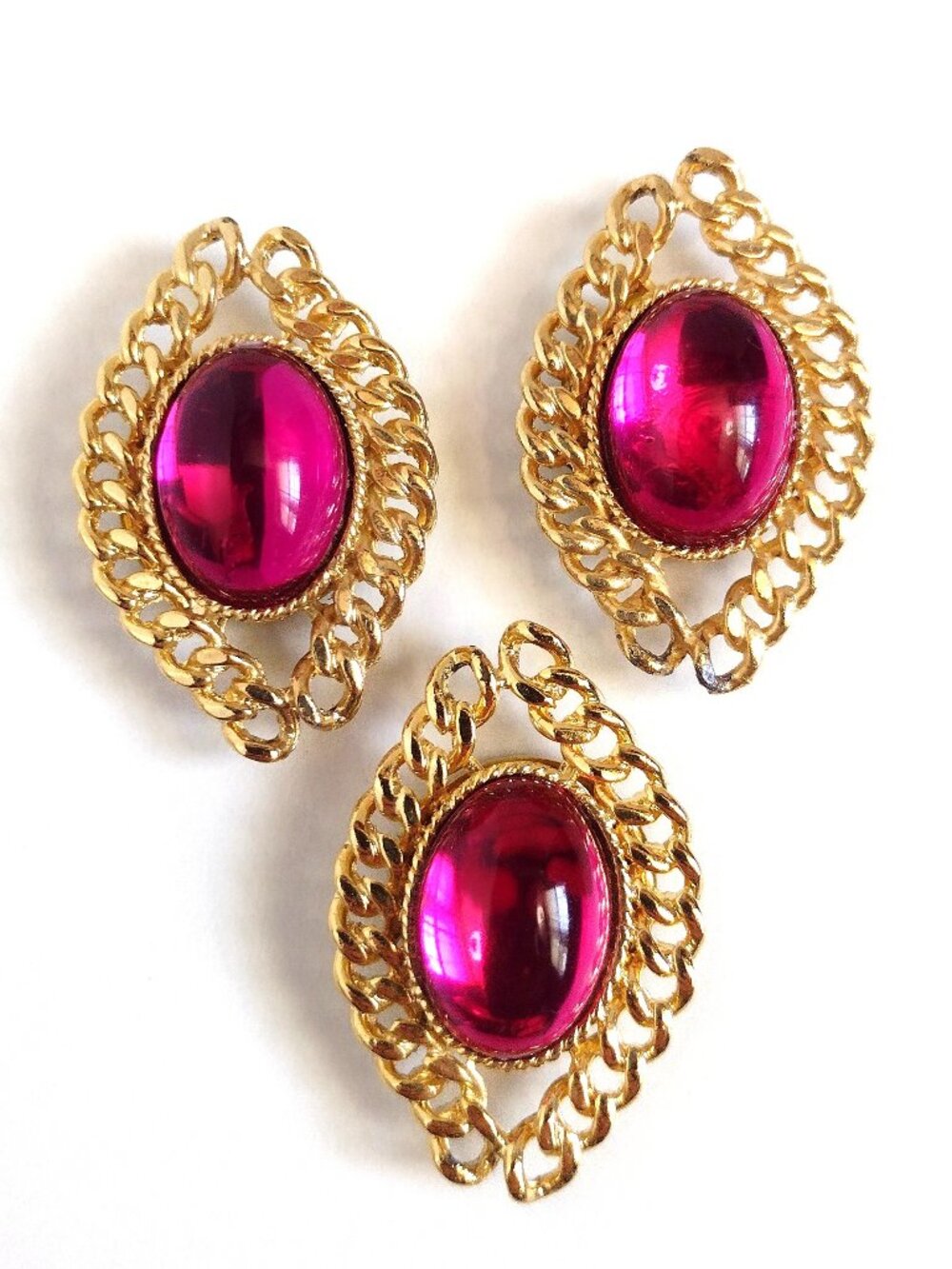 Vintage Metal Button Covers, Goldtone Chain Loop Bezel Pink Cabochon, 1.5" x 1"